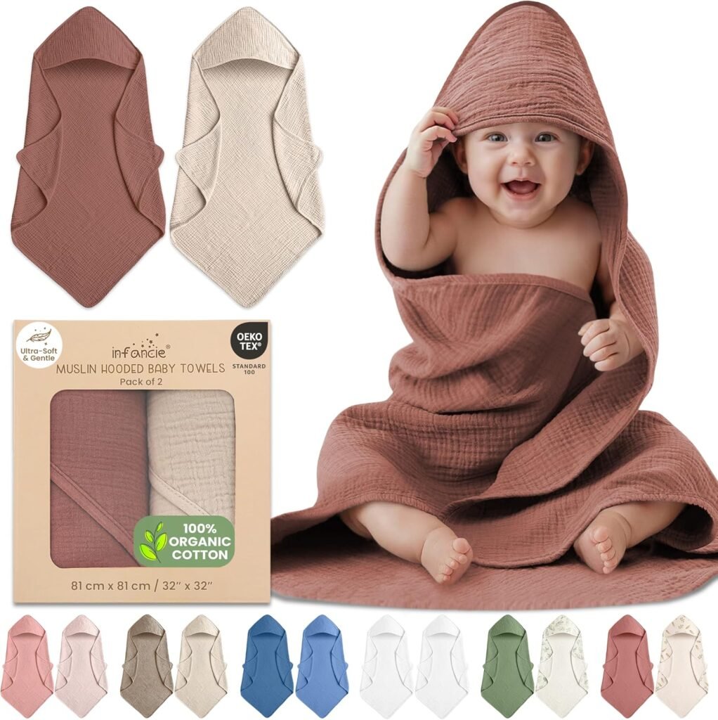 Organic cotton muslin hooded baby towels, 2-pack, 81x81 cm