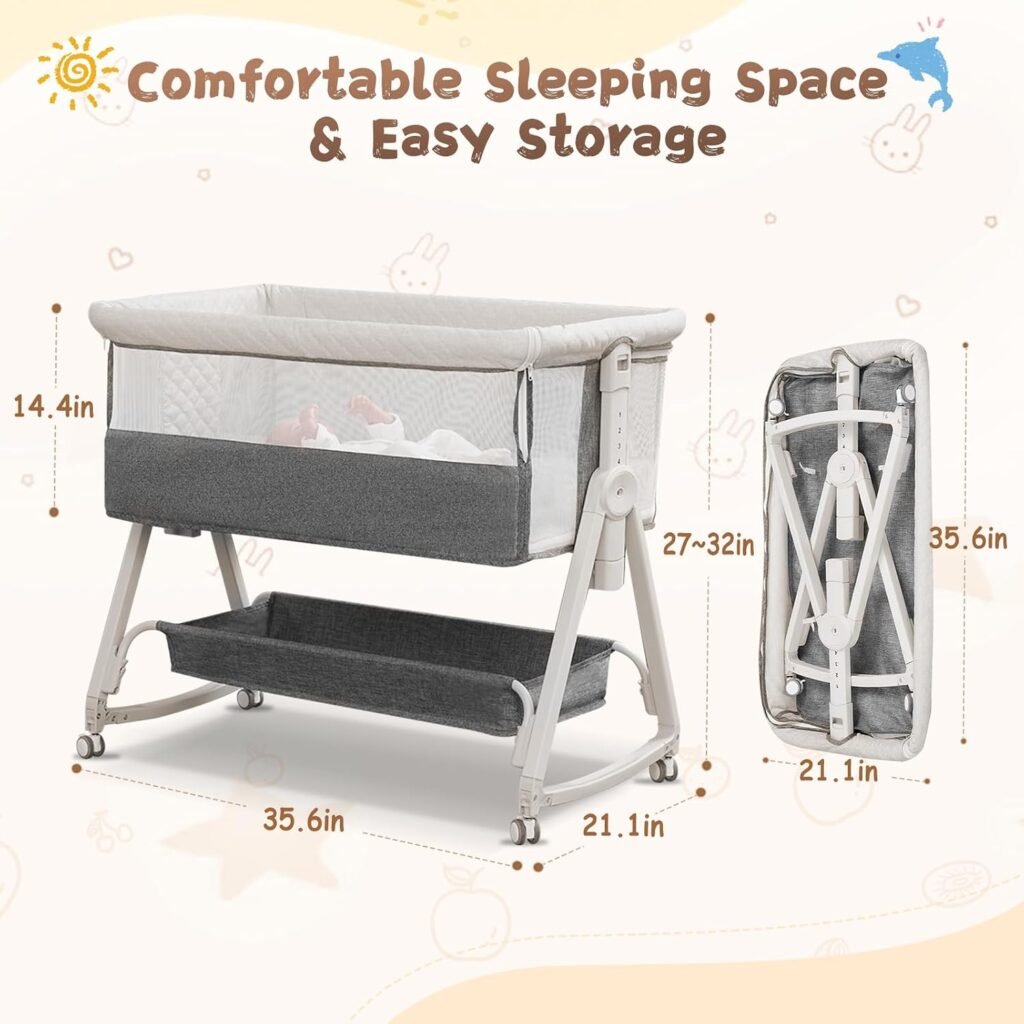 All-mesh bedside bassinet with wheels and storage basket, grey