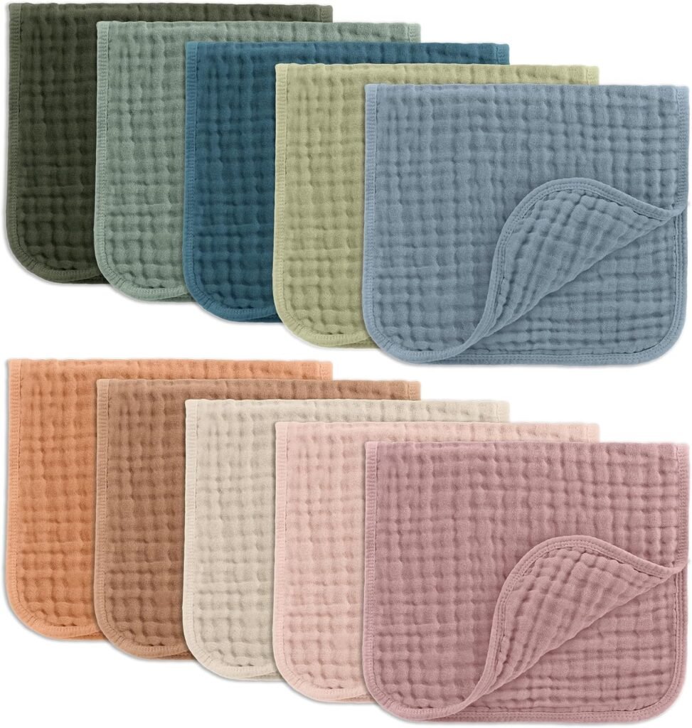 Comfy Cubs muslin burp cloths, pack of 10, multi-color, folded stack