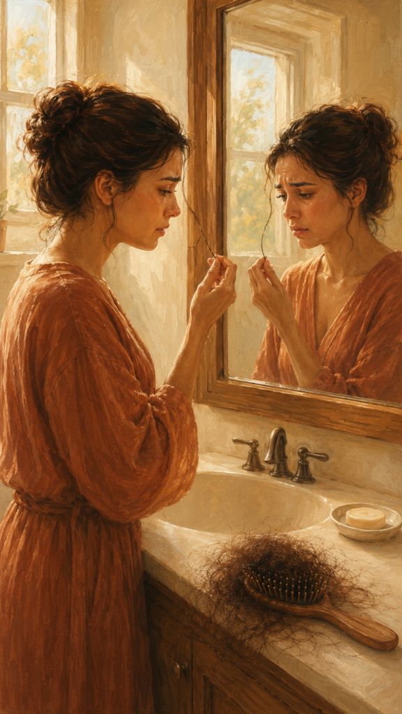 Postpartum hair fall — mama looking at her hair sadly