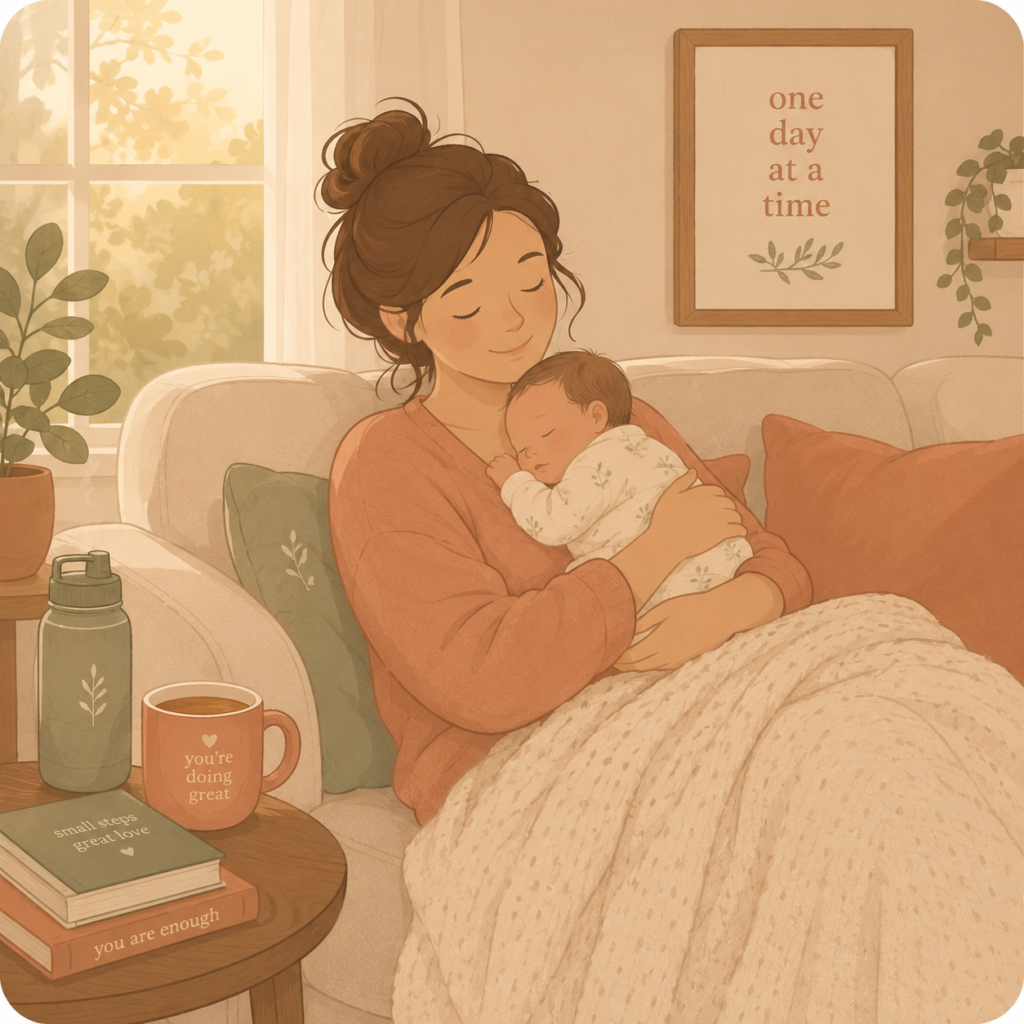 Postpartum essentials — mother resting at home with her newborn