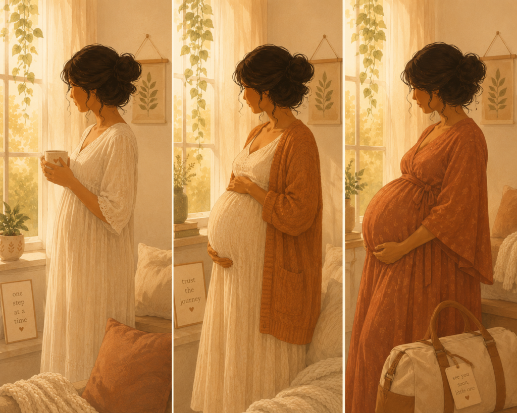 Pregnancy essentials by trimester — pregnant woman shown across three stages