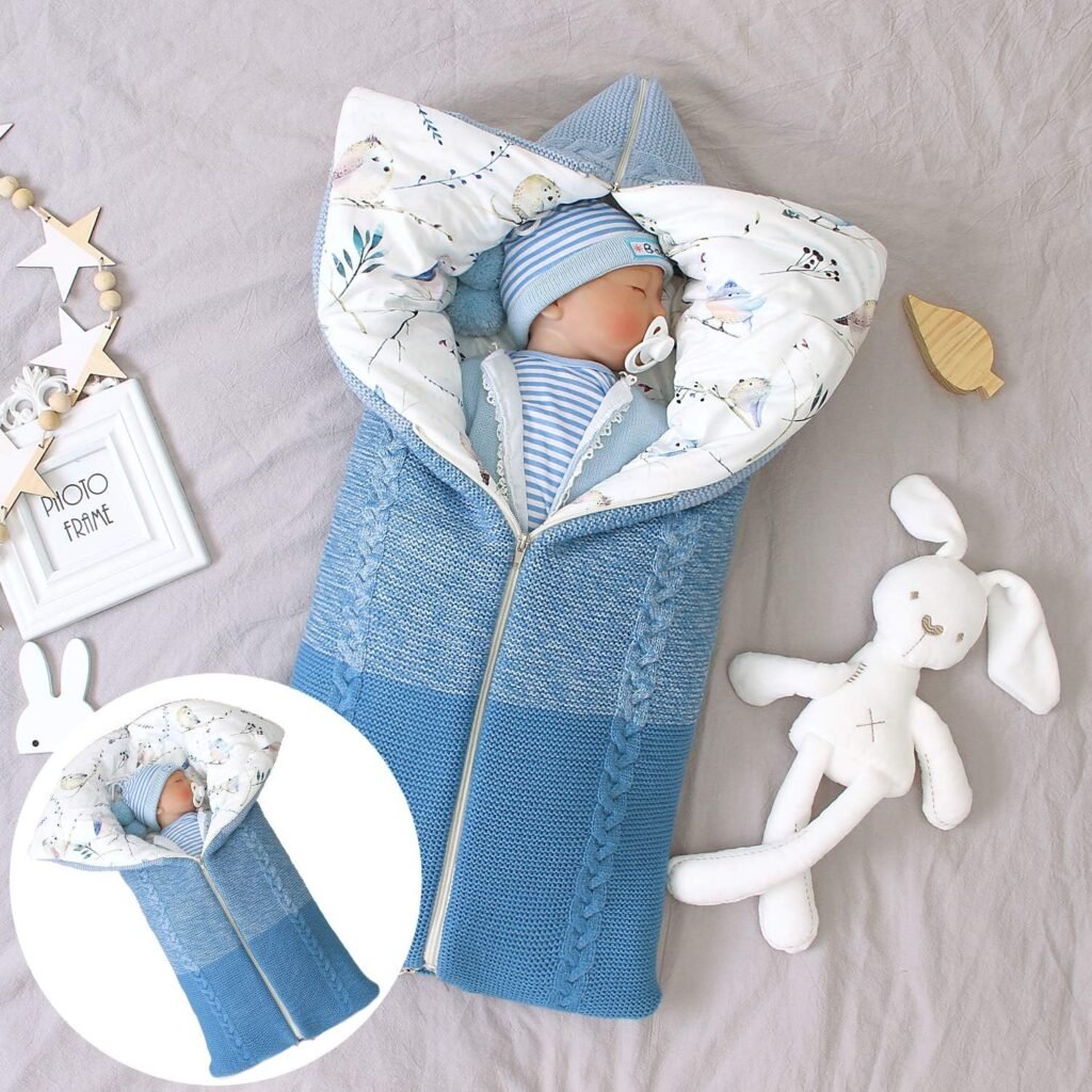 Knitted hooded baby swaddle sack, 0-6 months