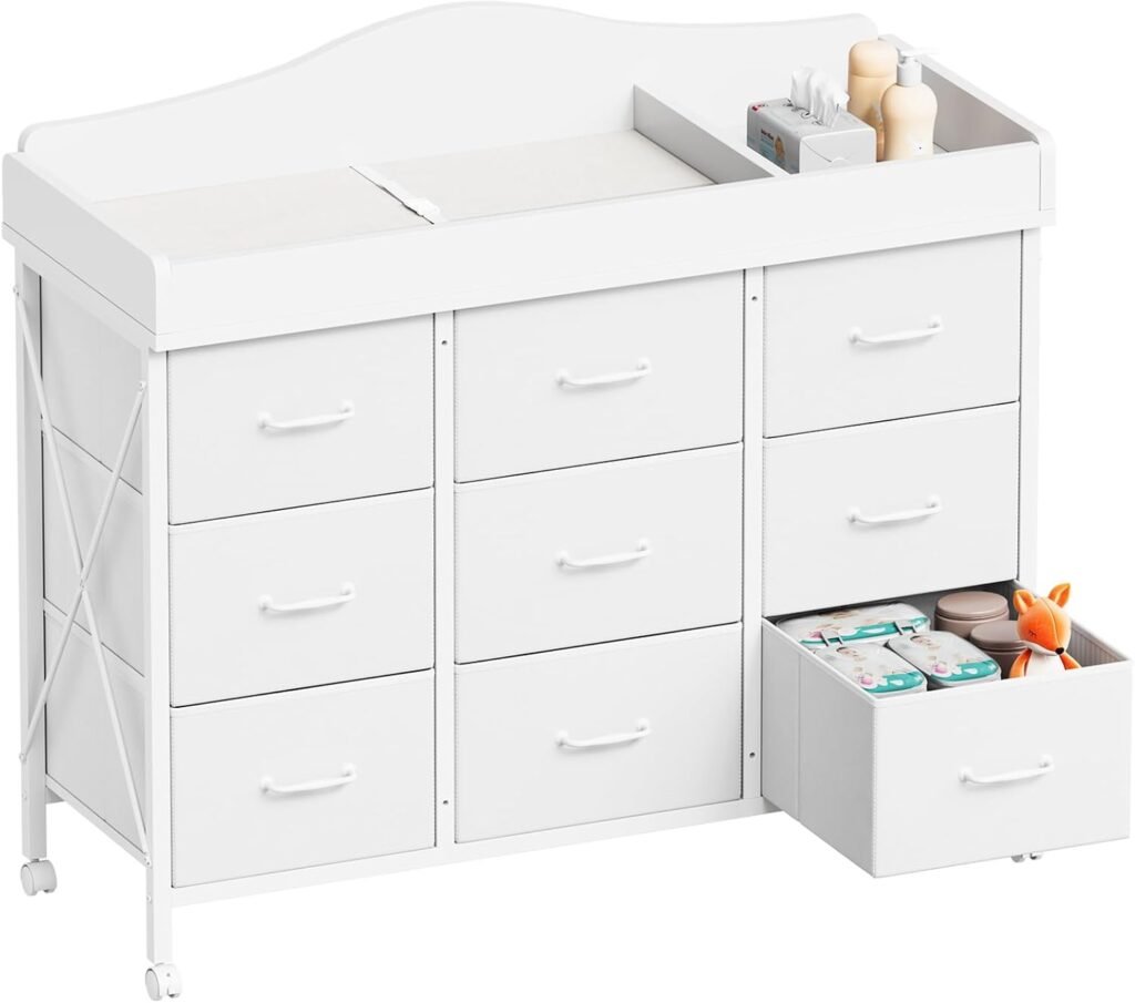 YeTom baby changing table with 9 fabric storage boxes, white