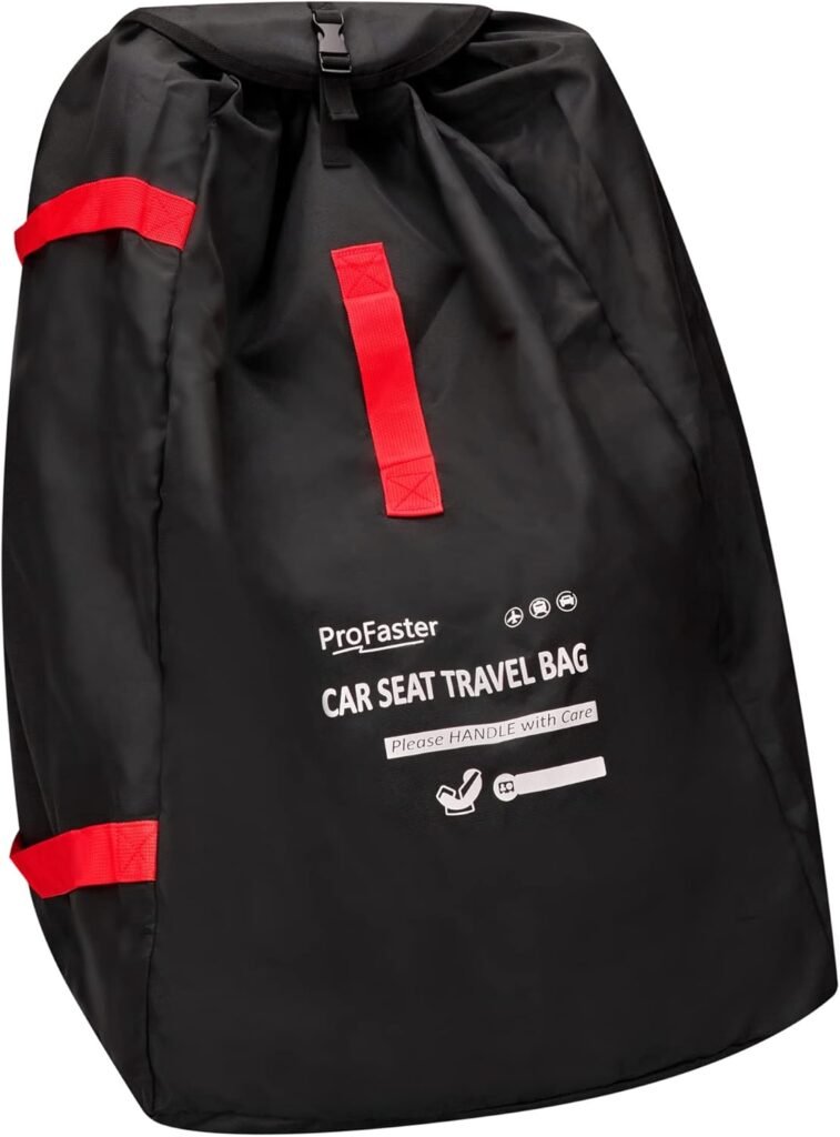 Universal car seat travel bag backpack, red, foldable
