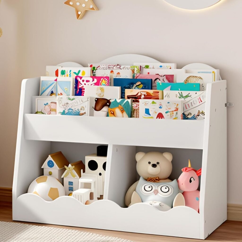 Kids bookshelf with 2 toy cubes, white, wooden book organizer