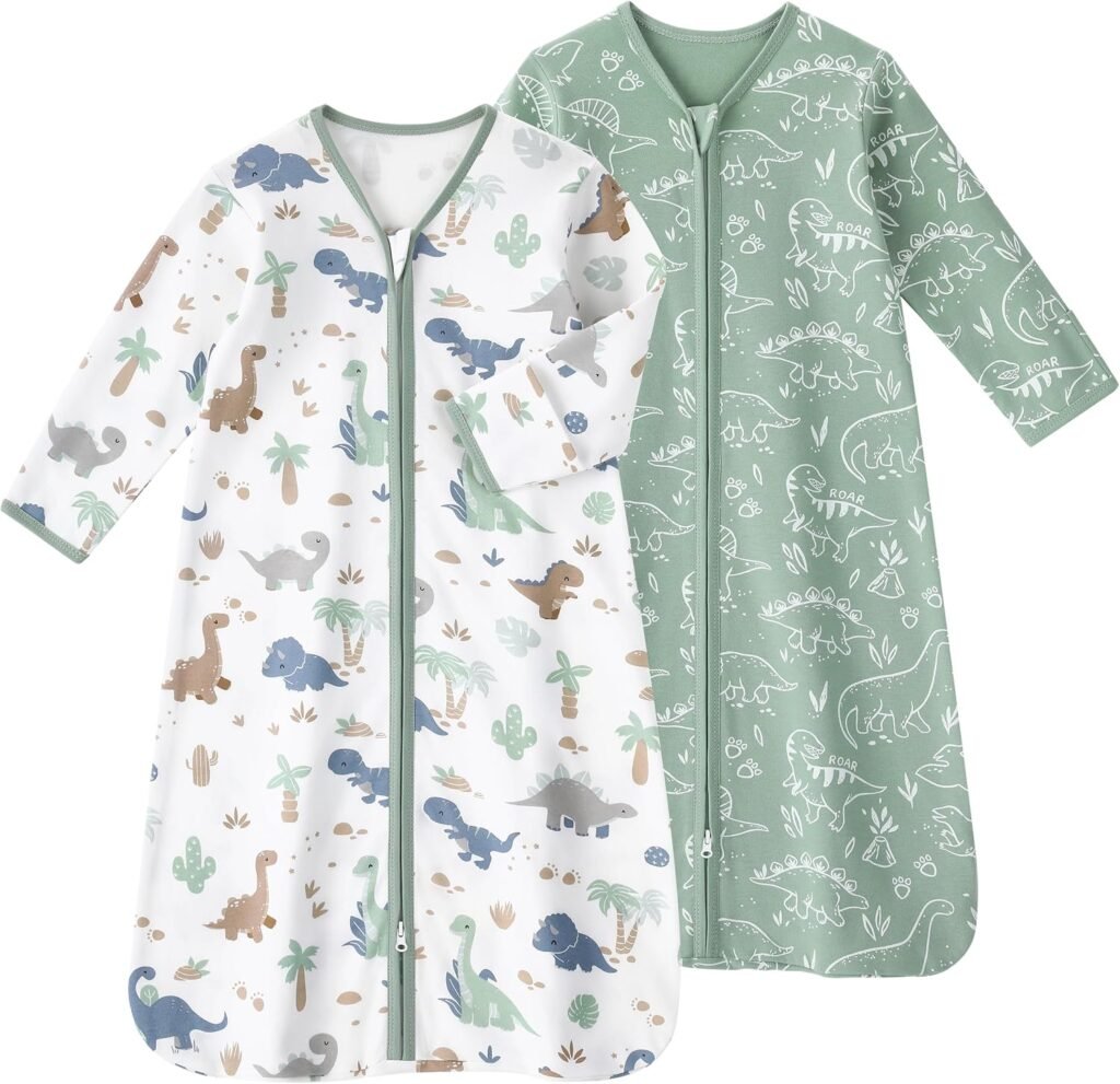 Long sleeve baby sleep sack with mittens, 2-pack, green dinosaur