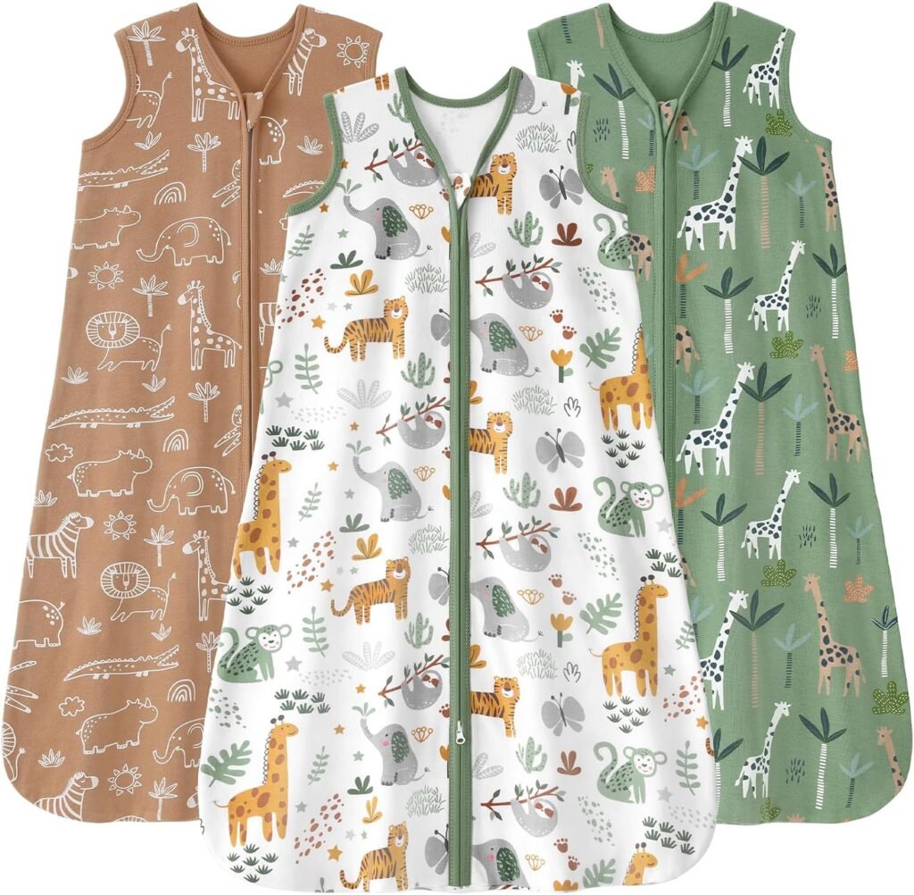 Cotton baby sleep sack, 3-pack, green brown giraffe print, 0-6 months