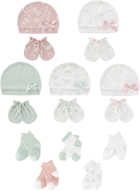 Baby hat, mittens, and socks set, soft cotton, 0-6 months
