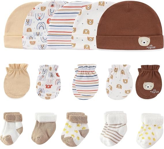 MAMIMAKA baby caps, mittens, and socks set, 0-6 months