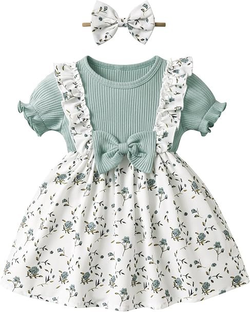 Infant girls floral sundress with headband, short sleeve
