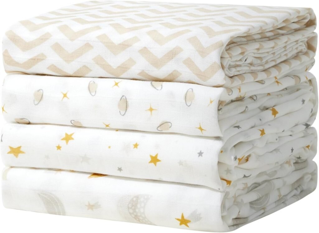 Momcozy muslin swaddle blanket, 4-pack, beige star, 47x47 inches
